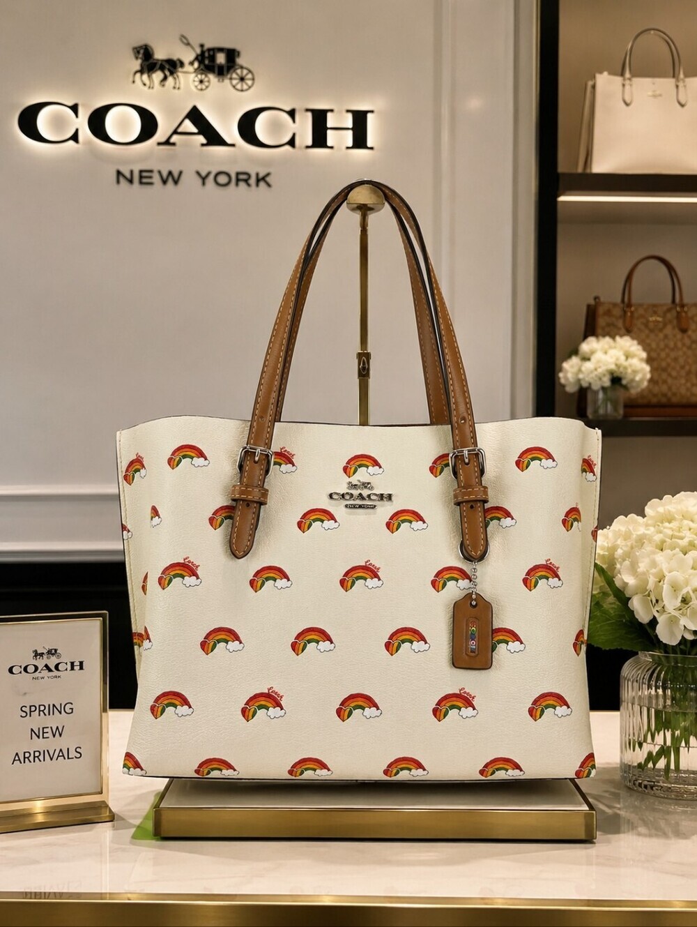 Coach Mollie 25 Tote Cream Leather with Rainbow Print and Tan Straps Crossbody